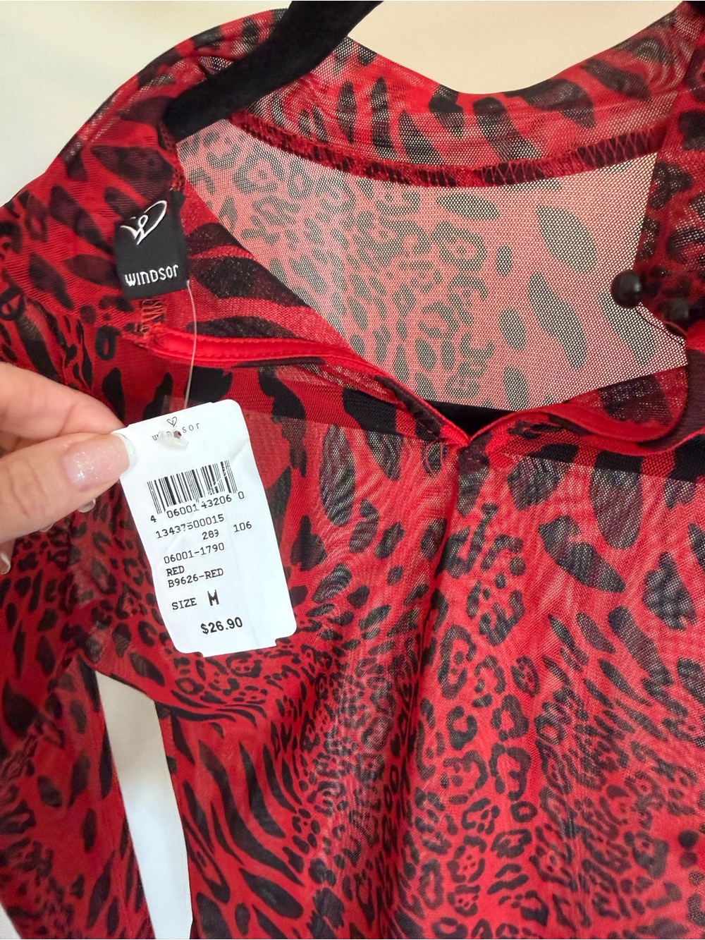 Windsor Red & Black Animal-Print Sheer Mock-Neck Long Sleeve Top - Picture 3 of 6